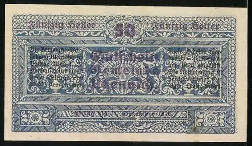 Notgeld Utzenaich 1921, 50 Heller, Schlossansicht mit dekorativem Rahmen und Ornamenten