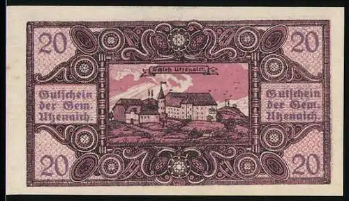 Notgeld Utzenaich 1920, 20 Heller, Burgansicht mit kunstvoller Umrandung