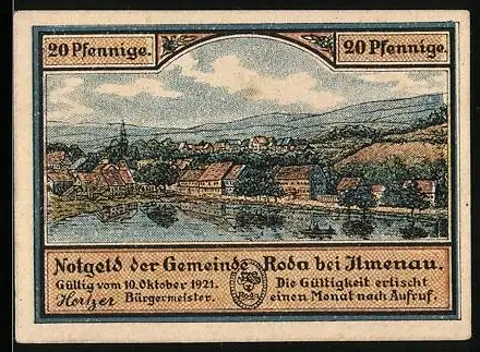 Notgeld Roda bei Ilmenau 1921, 20 Pfennig, Dorflandschaft und Eiche-Motive, gültig ab 10. Oktober 1921