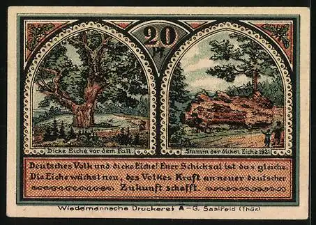 Notgeld Roda bei Ilmenau 1921, 20 Pfennig, Dorflandschaft und Eiche-Motive, gültig ab 10. Oktober 1921