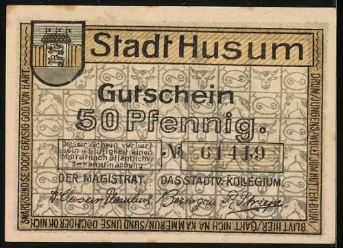 Notgeld Husum, 50 Pfennig, Rathausansicht und Stadtwappen, Ser.Nr. 61419