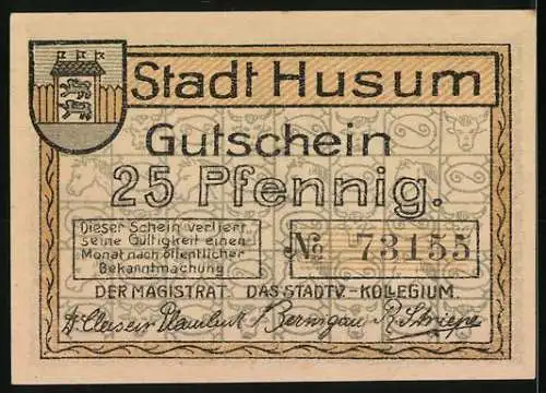 Notgeld Husum, 25 Pfennig, Frau mit Ruder und Stadtansicht, Seriennummer 73155, Stadtwappen