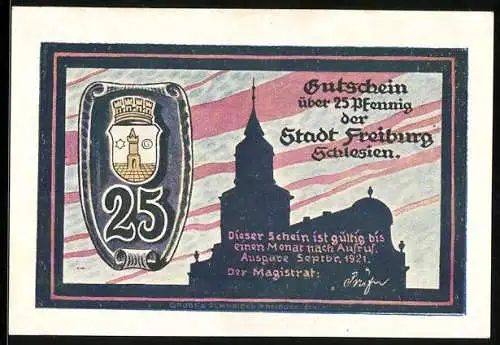 Notgeld Freiburg / Schlesien 1921, 25 Pfennig, Stadtwappen und Turmsilhouette, kunstvolle Muster und Figuren