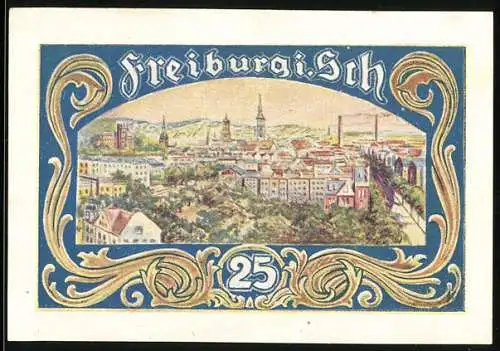 Notgeld Freiburg 1921, 25 Pfennig, Stadtansicht mit Wappen und Silhouette