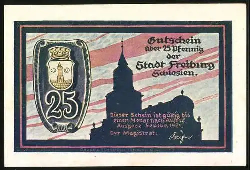 Notgeld Freiburg 1921, 25 Pfennig, Stadtansicht mit Wappen und Silhouette