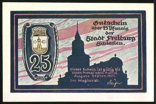 Notgeld Freiburg 1921, 25 Pfennig, historische Szene 1714, Friedrich der Grosse, Stadtwappen, Silhouette von Gebäuden