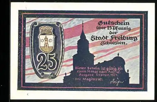 Notgeld Freiburg 1921, 25 Pfennig, Stadtwappen und Stadtansicht vor Brand 1700