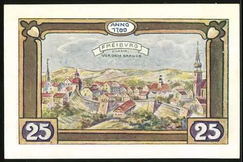 Notgeld Freiburg 1921, 25 Pfennig, Stadtwappen und Stadtansicht vor Brand 1700
