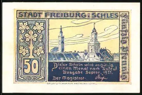 Notgeld Freiburg-Schlesien 1921, 50 Pfennig, Stadtansicht und Alte Burg Burghof