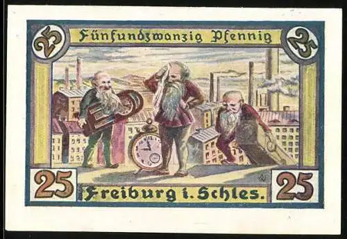 Notgeld Freiburg i. Schles. 1921, 25 Pfennig, Zwerge mit Uhr und Stadtansicht, Wappen und Uhrturm