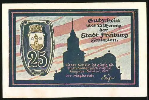 Notgeld Freiburg i. Schles. 1921, 25 Pfennig, Zwerge mit Uhr und Stadtansicht, Wappen und Uhrturm