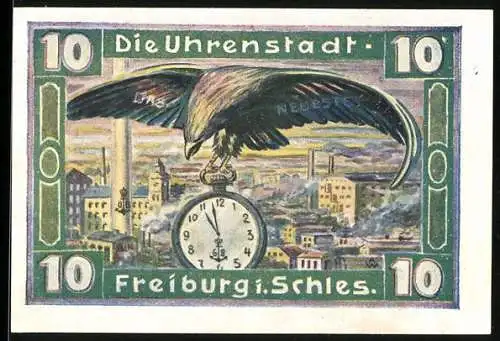 Notgeld Freiburg Schlesien 1921, 10 Pfennig, Adler mit Uhr über Stadtlandschaft