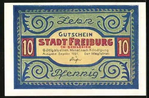 Notgeld Freiburg Schlesien 1921, 10 Pfennig, Adler mit Uhr über Stadtlandschaft