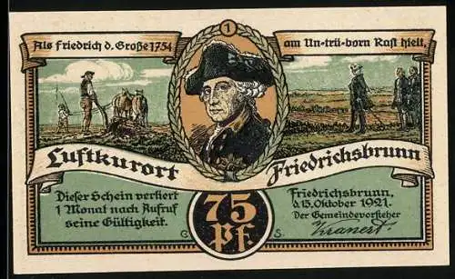 Notgeld Friedrichsbrunn 1921, 75 Pfennig, Friedrich der Grosse, ländliche Szenen, Winterlandschaft mit Ski und Schlitten