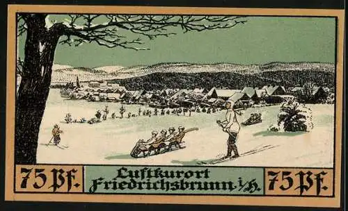 Notgeld Friedrichsbrunn 1921, 75 Pfennig, Friedrich der Grosse, ländliche Szenen, Winterlandschaft mit Ski und Schlitten