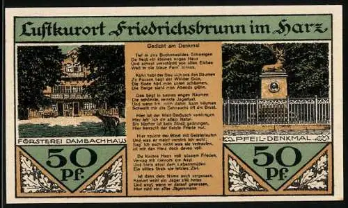 Notgeld Friedrichsbrunn 1921, 50 Pfennig, Försterei Dambachhaus und Pfeil-Denkmal, Porträt mit Landarbeit