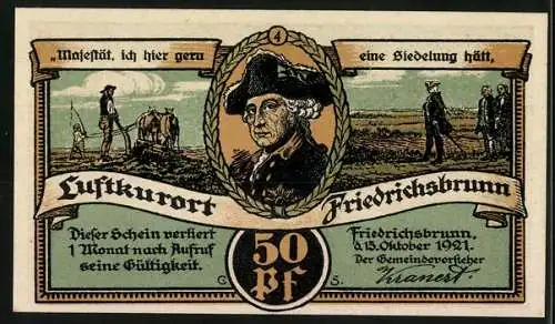 Notgeld Friedrichsbrunn 1921, 50 Pfennig, Försterei Dambachhaus und Pfeil-Denkmal, Porträt mit Landarbeit