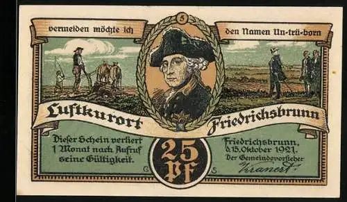 Notgeld Friedrichsbrunn 1921, 25 Pfennig, Porträt und Landschaft mit Teichen, Luftkurort-Motiv