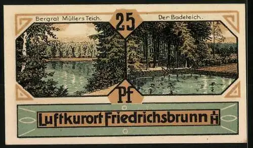 Notgeld Friedrichsbrunn 1921, 25 Pfennig, Porträt und Landschaft mit Teichen, Luftkurort-Motiv