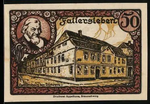 Notgeld Fallersleben 1920, 50 Pfennig, Geburtshaus des Dichters Hoffmann von Fallersleben, Löwenwappen