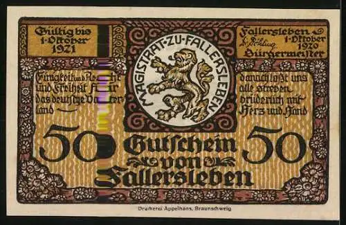 Notgeld Fallersleben 1920, 50 Pfennig, Geburtshaus des Dichters Hoffmann von Fallersleben, Löwenwappen