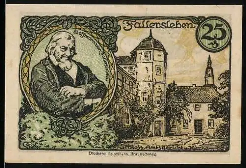 Notgeld Fallersleben 1920, 25 Pfennig, Hoffmann von Fallersleben und Schloss, Wappen des Magistrats zu Fallersleben