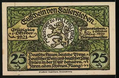 Notgeld Fallersleben 1920, 25 Pfennig, Hoffmann von Fallersleben und Schloss, Wappen des Magistrats zu Fallersleben