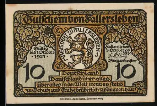 Notgeld Fallersleben 1920, 10 Pfennig, Löwe im Wappen, Denkmal und Porträt von Hoffmann von Fallersleben