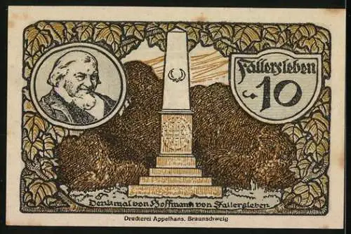 Notgeld Fallersleben 1920, 10 Pfennig, Löwe im Wappen, Denkmal und Porträt von Hoffmann von Fallersleben