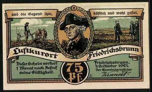 Notgeld Friedrichsbrunn 1921, 75 Pfennig, Landschaft mit Hirsch und Porträt im Kranz, landwirtschaftliche Szene