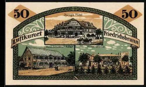 Notgeld Friedrichsbrunn 1921, 50 Pfennig, Hotels und Friedrich der Grosse