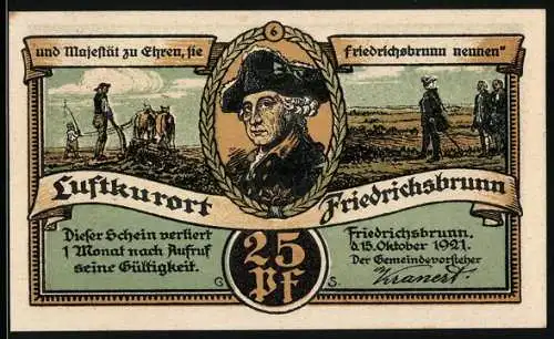 Notgeld Friedrichsbrunn 1921, 25 Pfennig, Porträt, Landschaft mit Turm und Felsen, Luftkurort Friedrichsbrunn