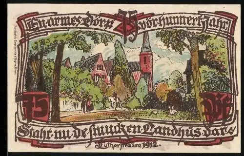 Notgeld Gross-Flottbek 1921, 75 Pfennig, ländliche Szene mit Kirche und Husarenbaracke 1812