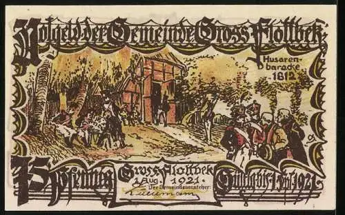 Notgeld Gross-Flottbek 1921, 75 Pfennig, ländliche Szene mit Kirche und Husarenbaracke 1812