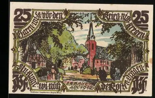 Notgeld Gross-Flottbek 1921, 25 Pfennig, Kirche und Brauchtumsszene mit Trachtengruppe