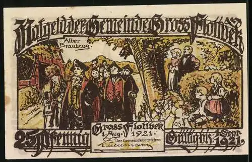 Notgeld Gross-Flottbek 1921, 25 Pfennig, Kirche und Brauchtumsszene mit Trachtengruppe