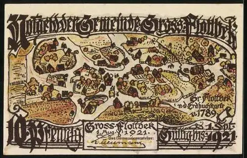 Notgeld Gross-Flottbek 1921, 10 Pfennig, Landschaft mit Fluss und Karte von 1789