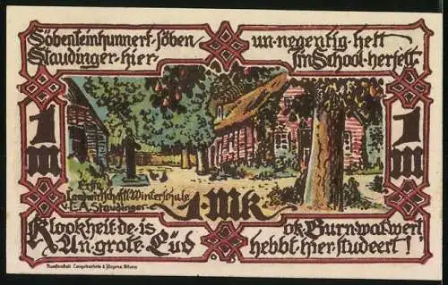 Notgeld Gross-Flottbek 1921, 1 Mark, Klopstock & Staudinger beim Schachspiel im Garten, historische Gebäude im Dorf