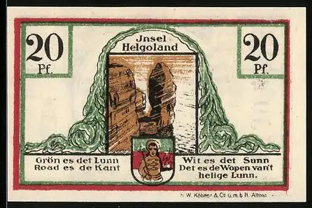 Notgeld Helgoland 1921, 20 Pfennig, Felsenlandschaft und Wappen, Seriennummer 21559, Oktober 1921