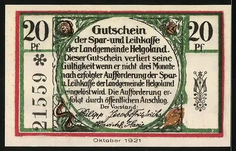 Notgeld Helgoland 1921, 20 Pfennig, Felsenlandschaft und Wappen, Seriennummer 21559, Oktober 1921