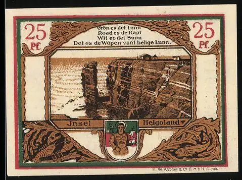 Notgeld Helgoland 1921, 25 Pfennig, Klippenmotiv mit Inselwappen und Seriennummer 50947