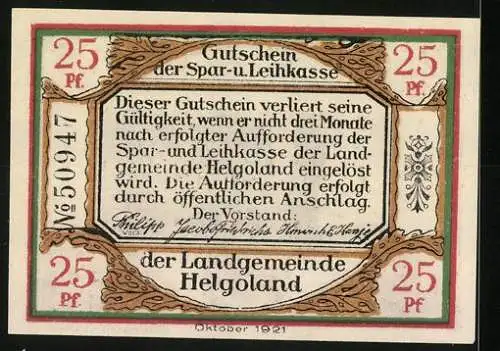 Notgeld Helgoland 1921, 25 Pfennig, Klippenmotiv mit Inselwappen und Seriennummer 50947
