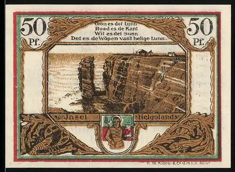 Notgeld Helgoland 1921, 50 Pfennig, Steilküste-Motiv, Seriennummer 44814, Wappen Helgolands