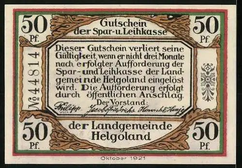 Notgeld Helgoland 1921, 50 Pfennig, Steilküste-Motiv, Seriennummer 44814, Wappen Helgolands