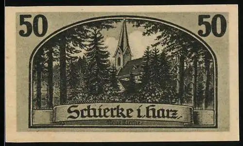 Notgeld Schierke 1921, 50 Pfennig, Kirche im Wald, Szene aus Goethe's Faust, Seriennummer 23546