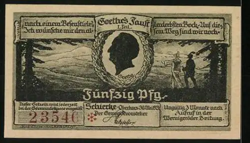 Notgeld Schierke 1921, 50 Pfennig, Kirche im Wald, Szene aus Goethe's Faust, Seriennummer 23546
