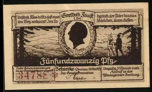 Notgeld Schierke 1921, 25 Pfennig, Goethe-Profil und Harzlandschaft mit Rehen, Seriennummer 34788