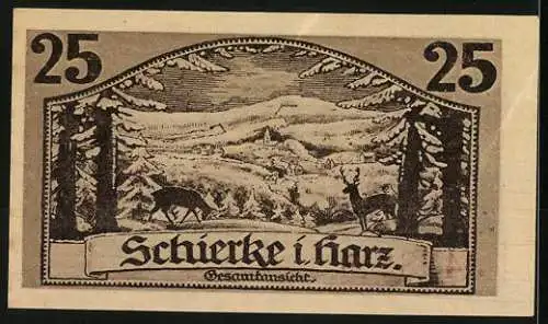 Notgeld Schierke 1921, 25 Pfennig, Goethe-Profil und Harzlandschaft mit Rehen, Seriennummer 34788