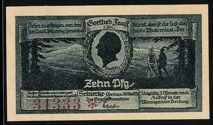 Notgeld Schierke 1921, 10 Pfennig, Goethe-Silhouette, Harzlandschaft, Seriennummer 31333