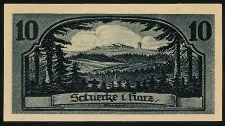 Notgeld Schierke 1921, 10 Pfennig, Goethe-Silhouette, Harzlandschaft, Seriennummer 31333